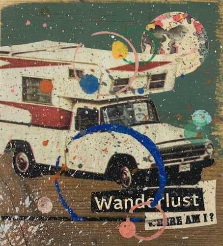 "WHERE AM I?" analog collage on salvaged wood by Tim McAllister