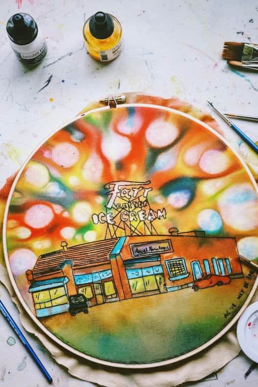A bright, colorful water color piece of Farr's Ice Cream parlor by Audrey Christensen