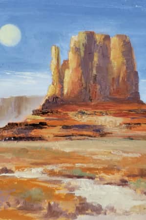An oil painting depicting a red rock monument against a blue sky, with a small stream flowing through the landscape.