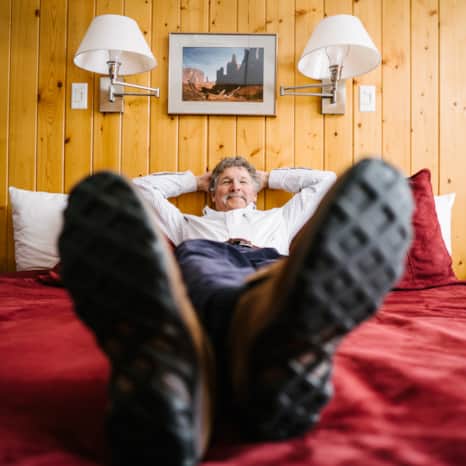 Dippo relaxing in one of Alta Lodge's traditional lodge style rooms.