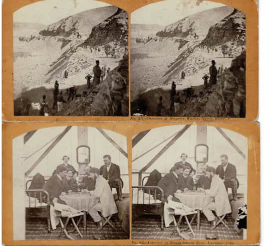 AJ Russell stereographs of scenes of building the Union Pacific Railroad and the interior of paymaster's tent.