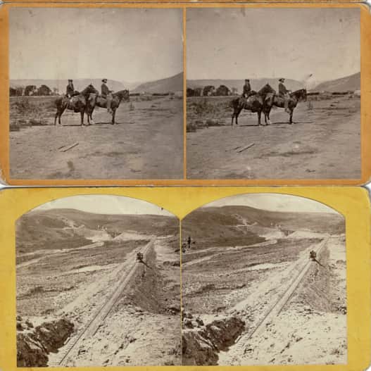 AJ Russell stereographs of scenes of building the Union Pacific Railroad.