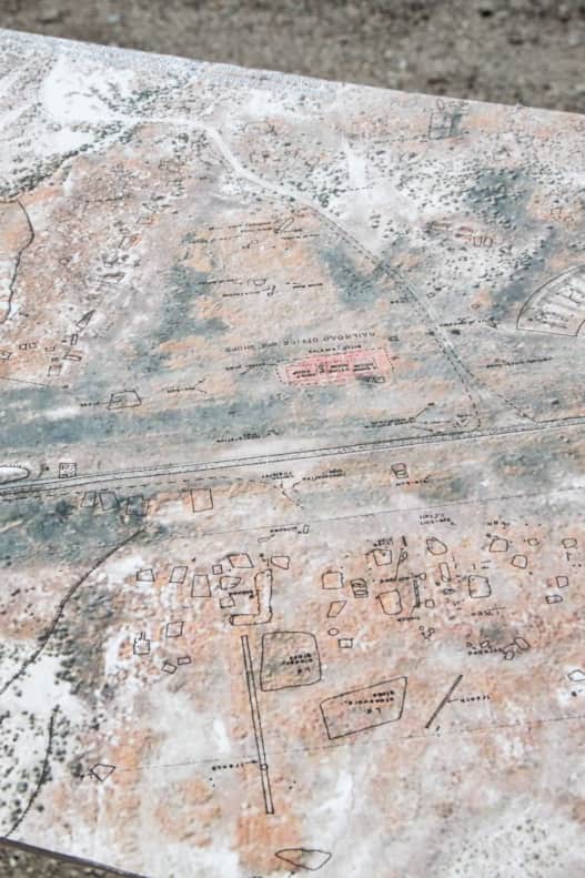 Aerial terrain maps of the region show a hand-drawn re-creation of the former Terrace town site.