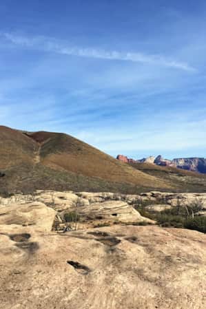 Mountain biker resting on the seat of their bike in Gooseberry Mesa, with their hands in the air and smiling.