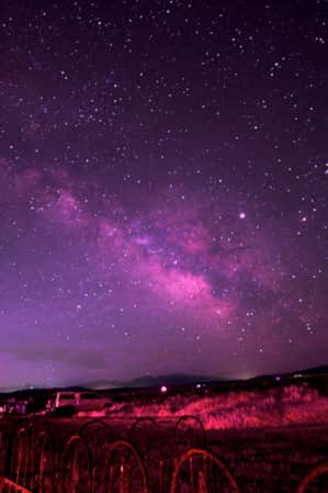 A campground illuminated with a pink hue under a night sky full of bright stars and the Milky Way.