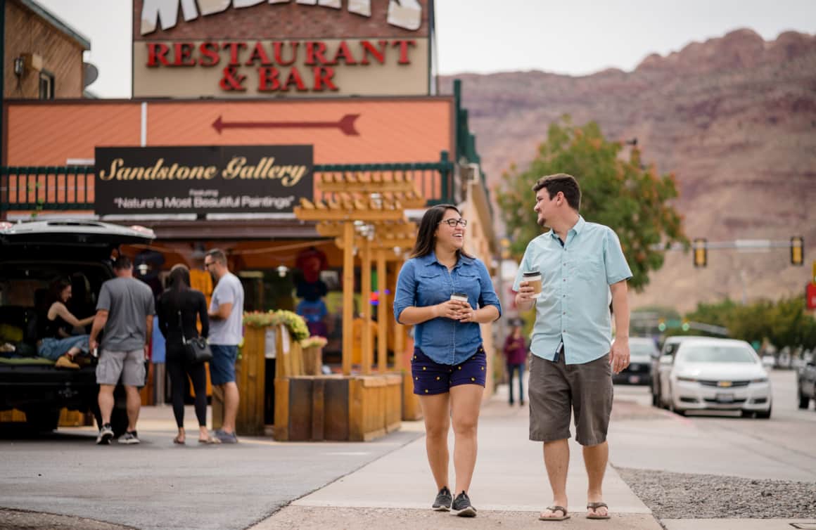 Walking along Main Street in downtown Moab.