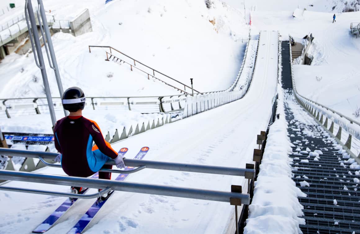 Lindsey Van lines up at the top of the ramp in Park City.
