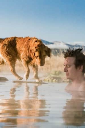 A person soaking in a hot spring and their dog watching in the background.