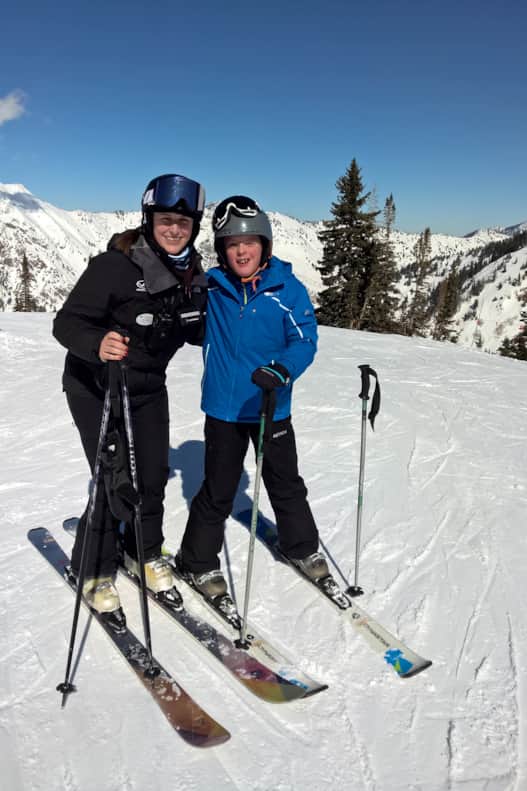 Wasatch Adaptive Sports instructor Sara Burgos with Charlie on Hidden Peak.