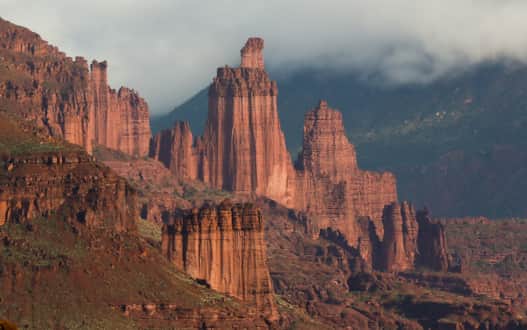 The Fisher Towers area is a maze of soaring fins, pinnacles, minarets, gargoyles, spires, and strangely shaped rock formations east of Moab.