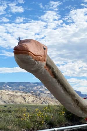 A fake dinosaur wearing three paper-mâché necklaces, positioned behind a fence in an open grassy field.
