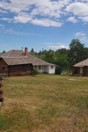 Two log homesteading homes surrounded by trees.