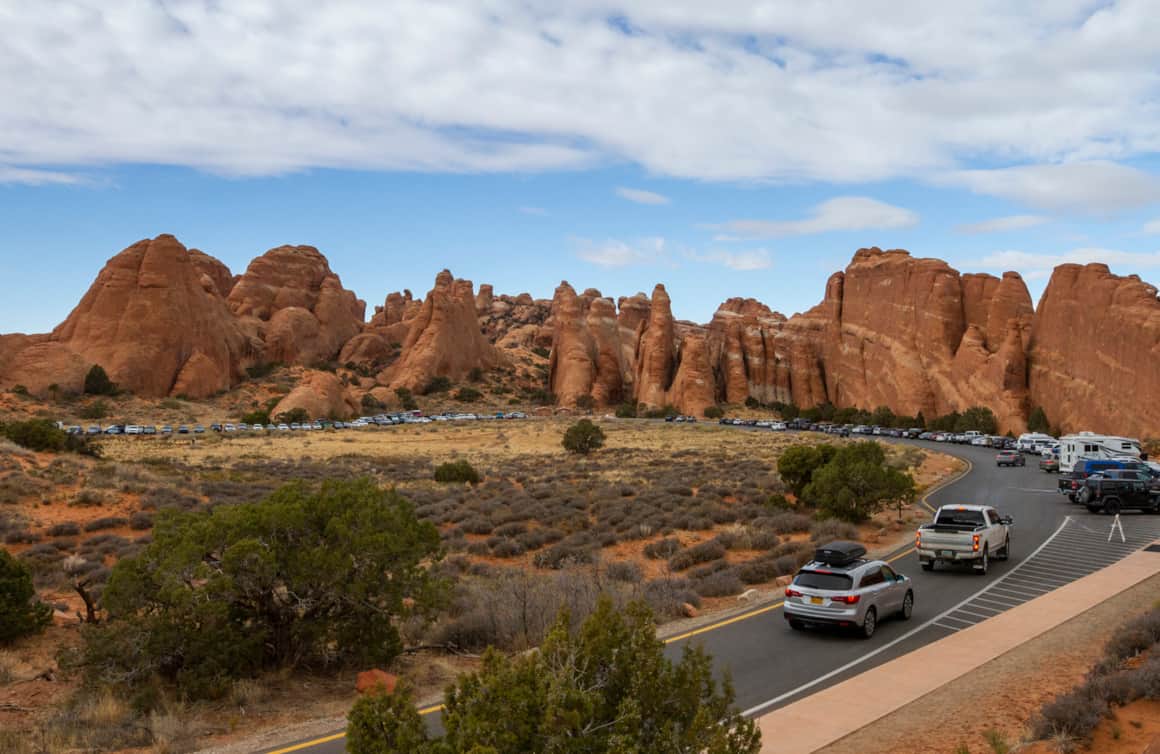 Devil's Garden in Arches National Park during afternoon peak visitation hours.