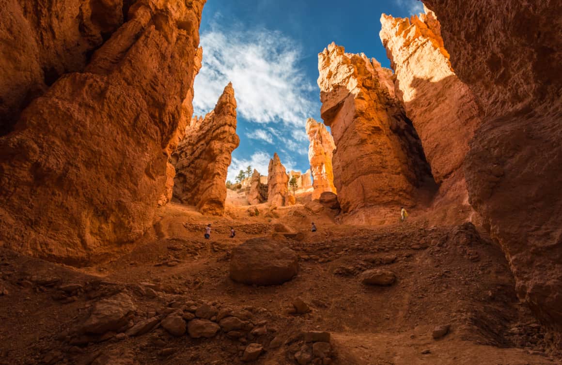 Beginning and ending at Sunset Point, the Navajo Loop Trail winds between narrow walls of limestone.