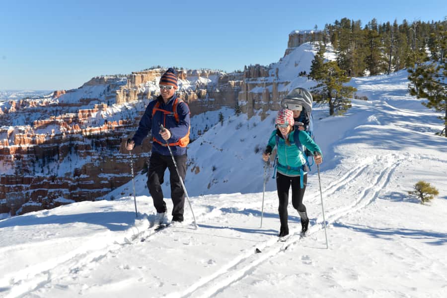 Bryce Canyon trails can be accessed in the winter by cross-country skiing and snowshoeing.