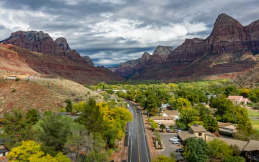 Aerial view of the road leading into Zion National Park.