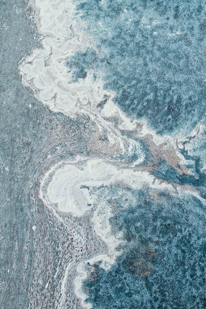 The Spiral Jetty invites close study of the mineralized colors at play.