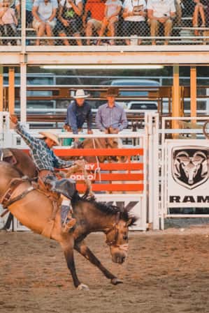 A man on a horse being bucked around in a dirt arena, with a crowd watching.