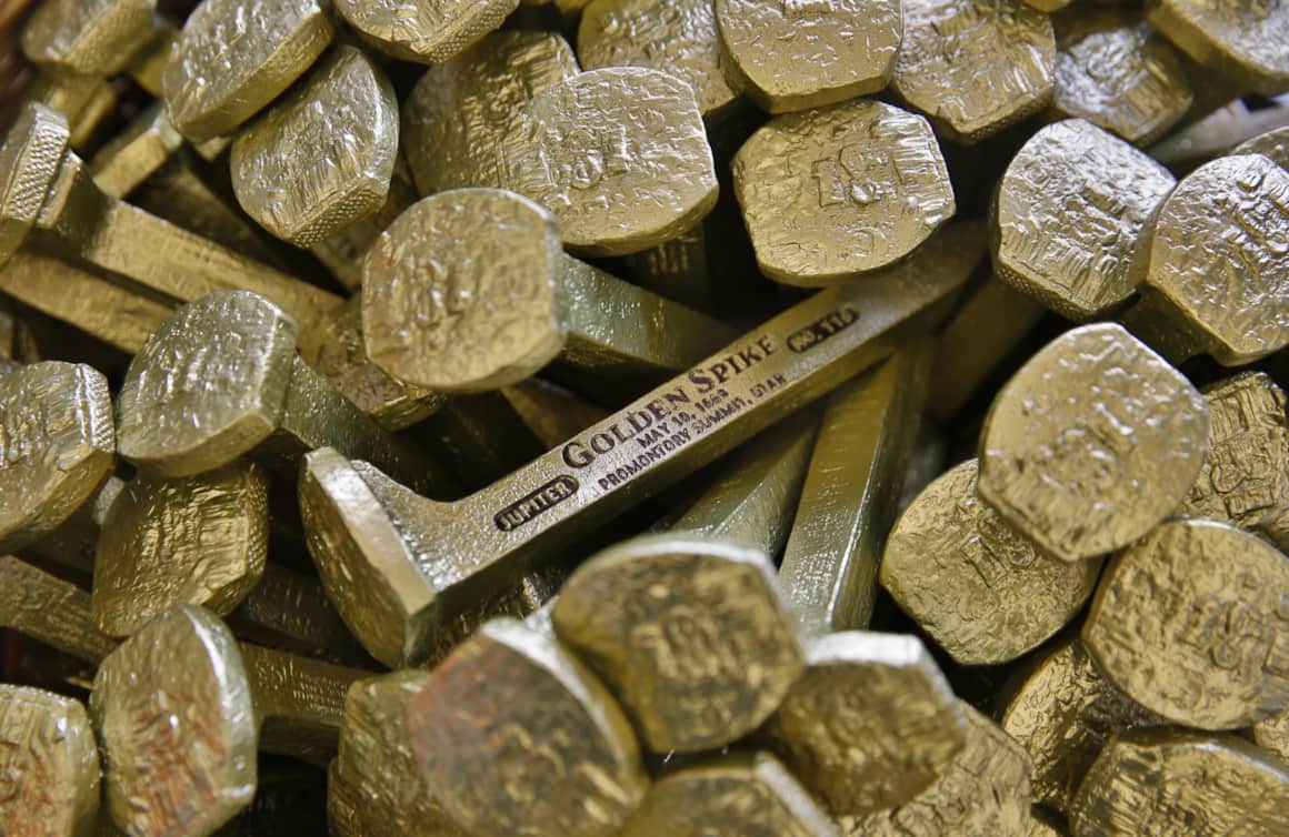 In 1869, workers for the Central Pacific and Union Pacific drove the ceremonial “golden spike” into the ground connecting the First Transcontinental Railroad.