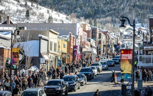 A snowy historic Main Street, downtown Park City.