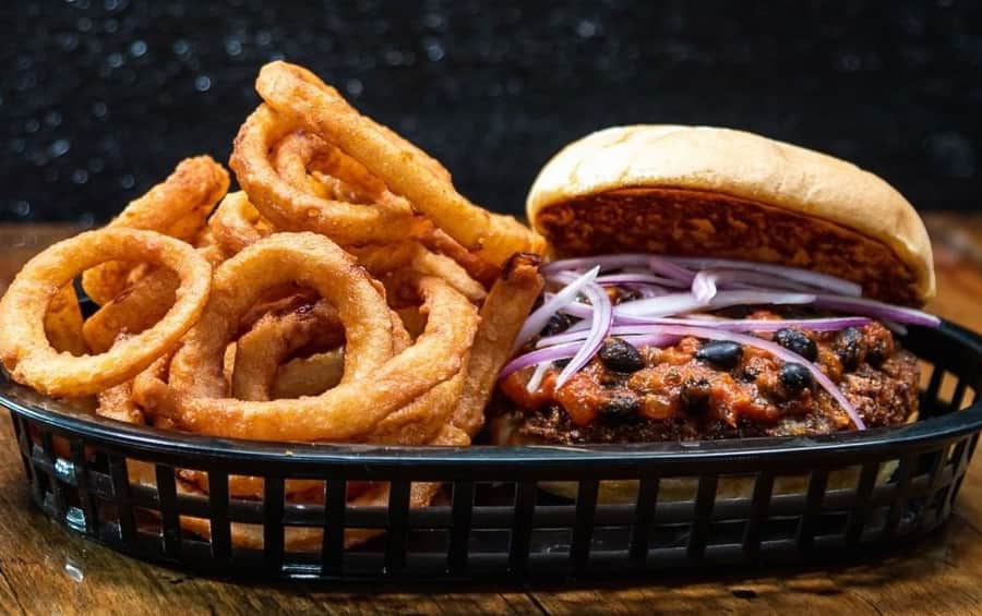 Black bean and sweet potato veggie burger at Proper Burger Company. They also offer a housemade vegan patty made from a special blend of high-protein grains and seeds.