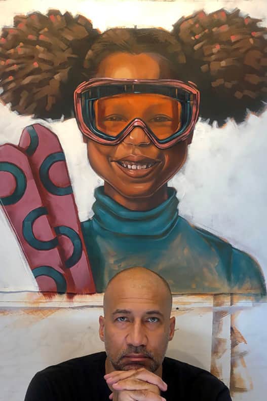 Artist Lamont Joseph White pictured with his "Color Coordinated" painting from the "Skiing in Color" series