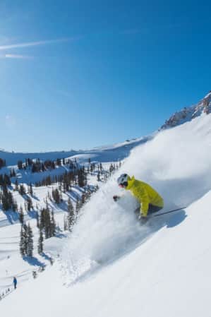 A skier skiing down a mountain covered in fresh snow under clear blue skies.