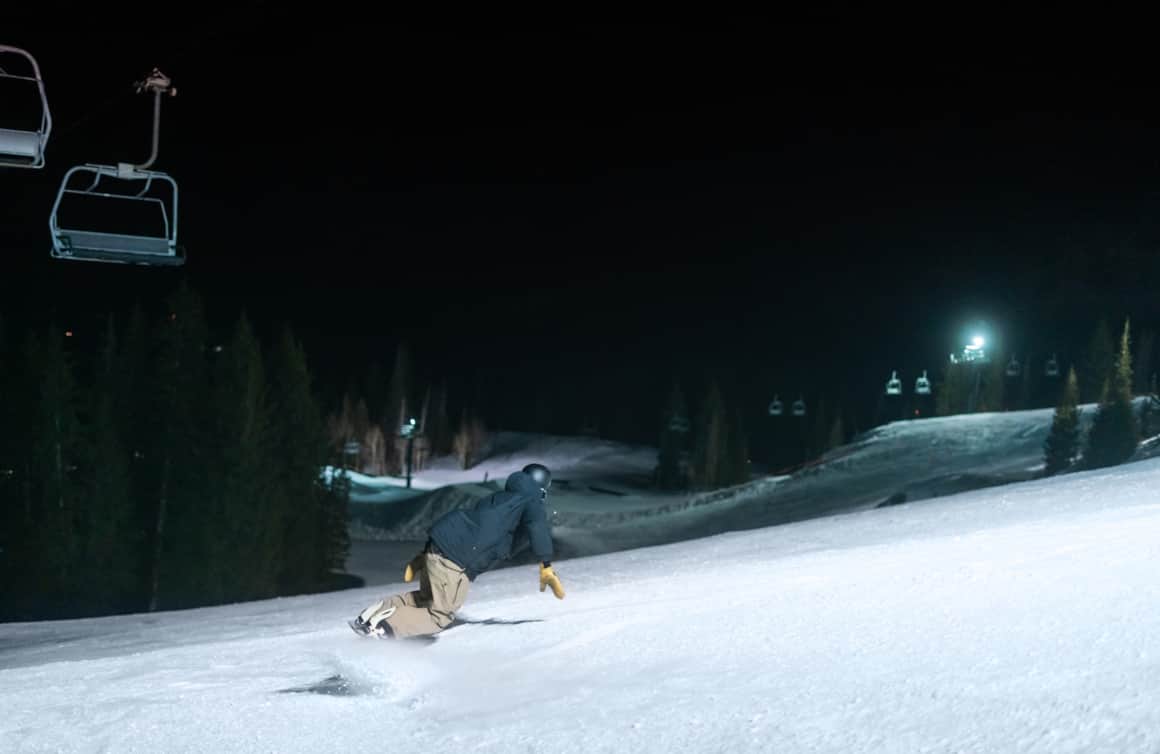 A nighttime snowboarding session at Brighton Resort.