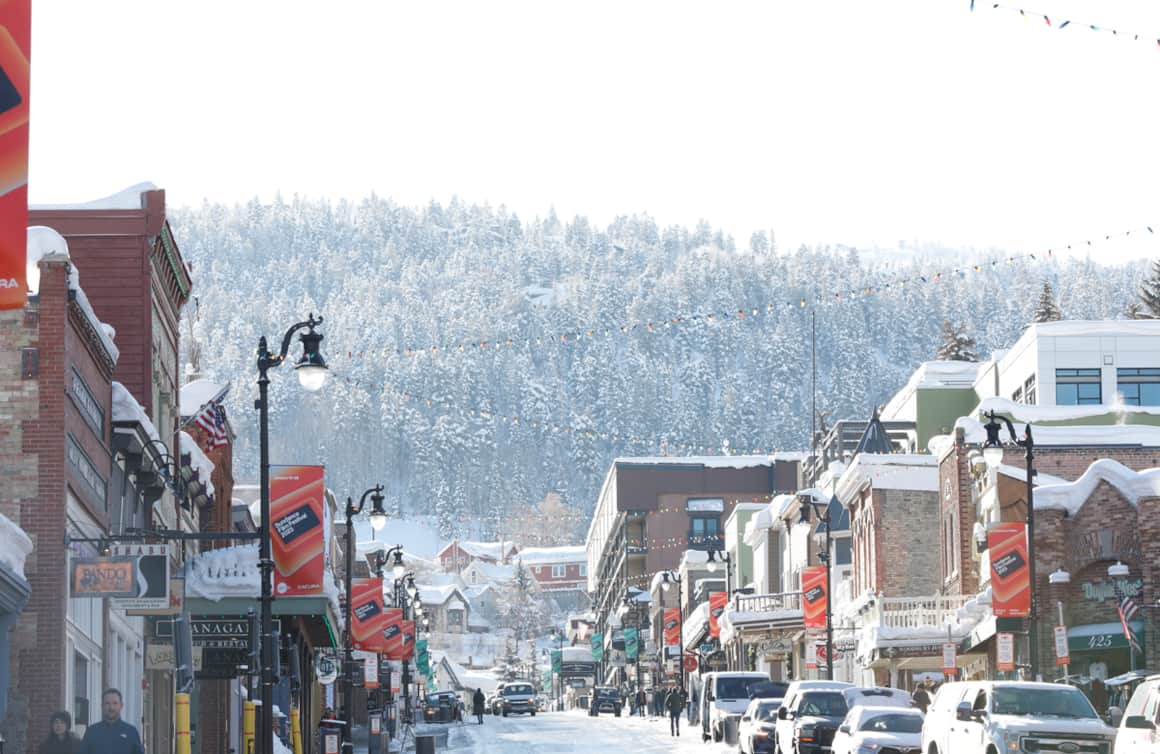 A snowy view of Park City's historic Main Street, where you'll find Sundance Film Festival events and activations aplenty.