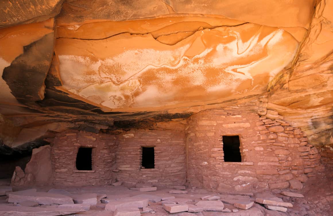 The well-preserved site of House on Fire consists of five granaries built into Cedar Mesa sandstone.
