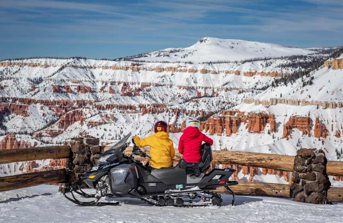Snowmobiling isn’t allowed in Bryce Canyon, but the surrounding area has over 800 miles of groomed trails to enjoy.