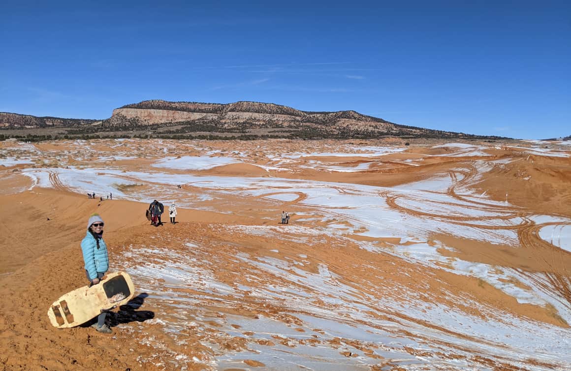 Sledding Kanab’s Coral Pink Sand Dunes State Park after a rare snowstorm