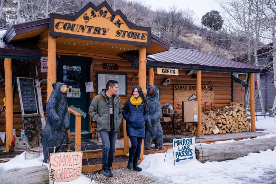 At Samak Smokehouse & Country Store, you can rent snowshoes, purchase a recreation pass or grab a bag of house-smoked jerky.