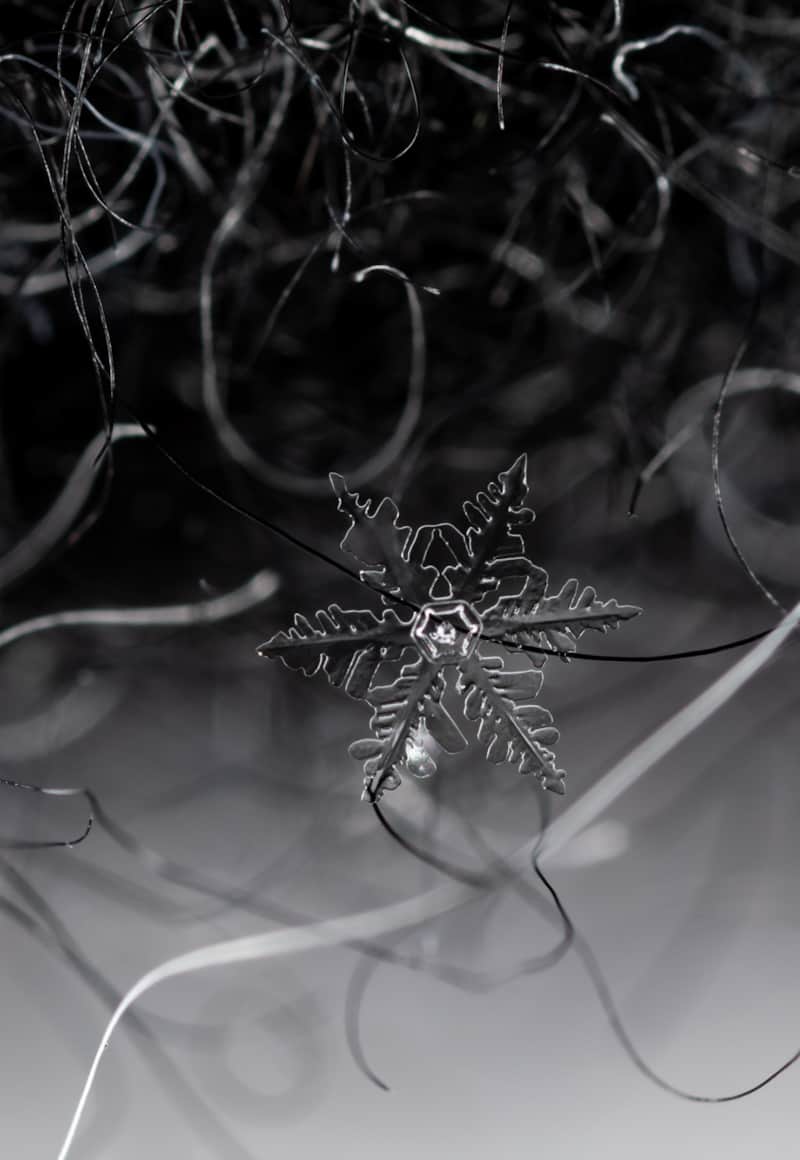 Snowflake on the fibers of a wool sock shot with a DSLR camera.